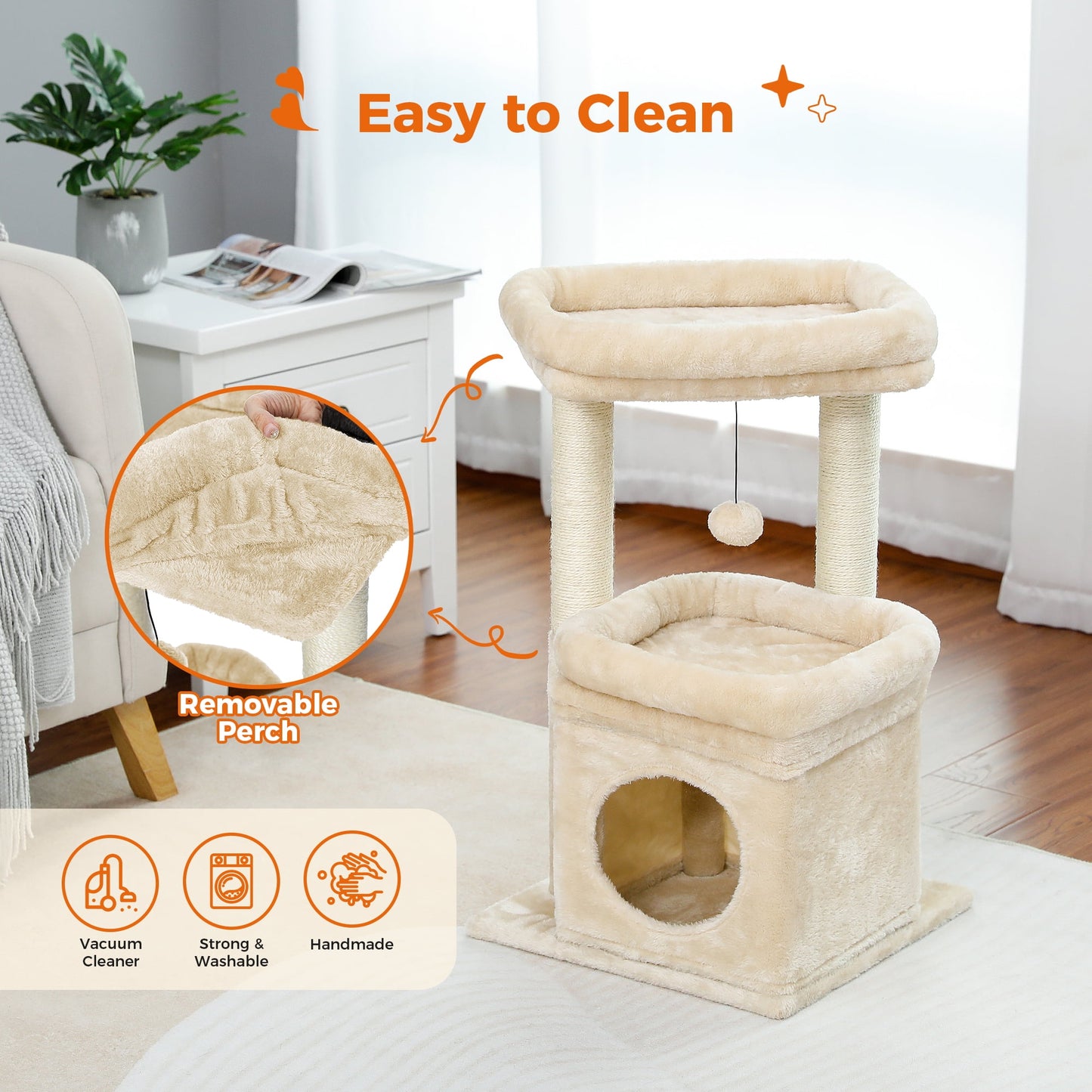Cozy 27" Beige Cat Tree with Plush Condo and Scratching Posts for Medium Cats