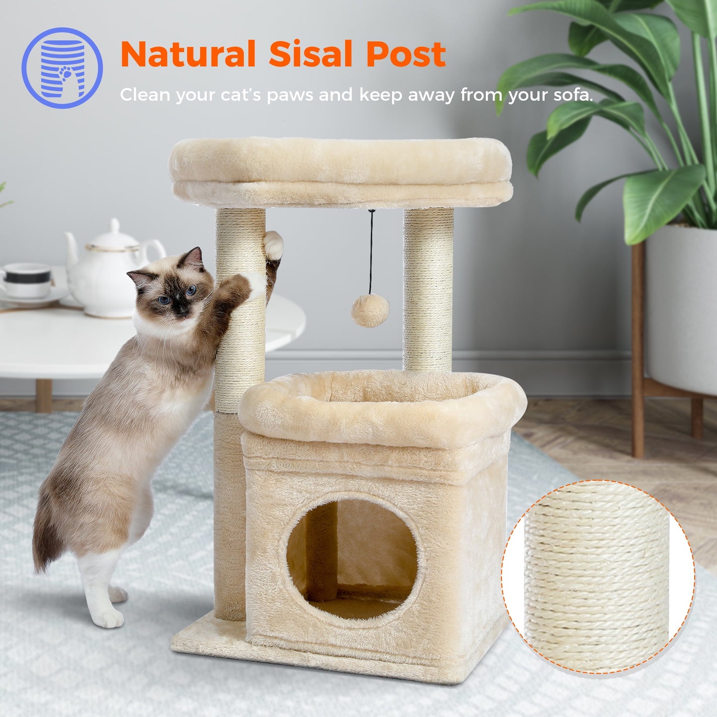 Cozy 27" Beige Cat Tree with Plush Condo and Scratching Posts for Medium Cats