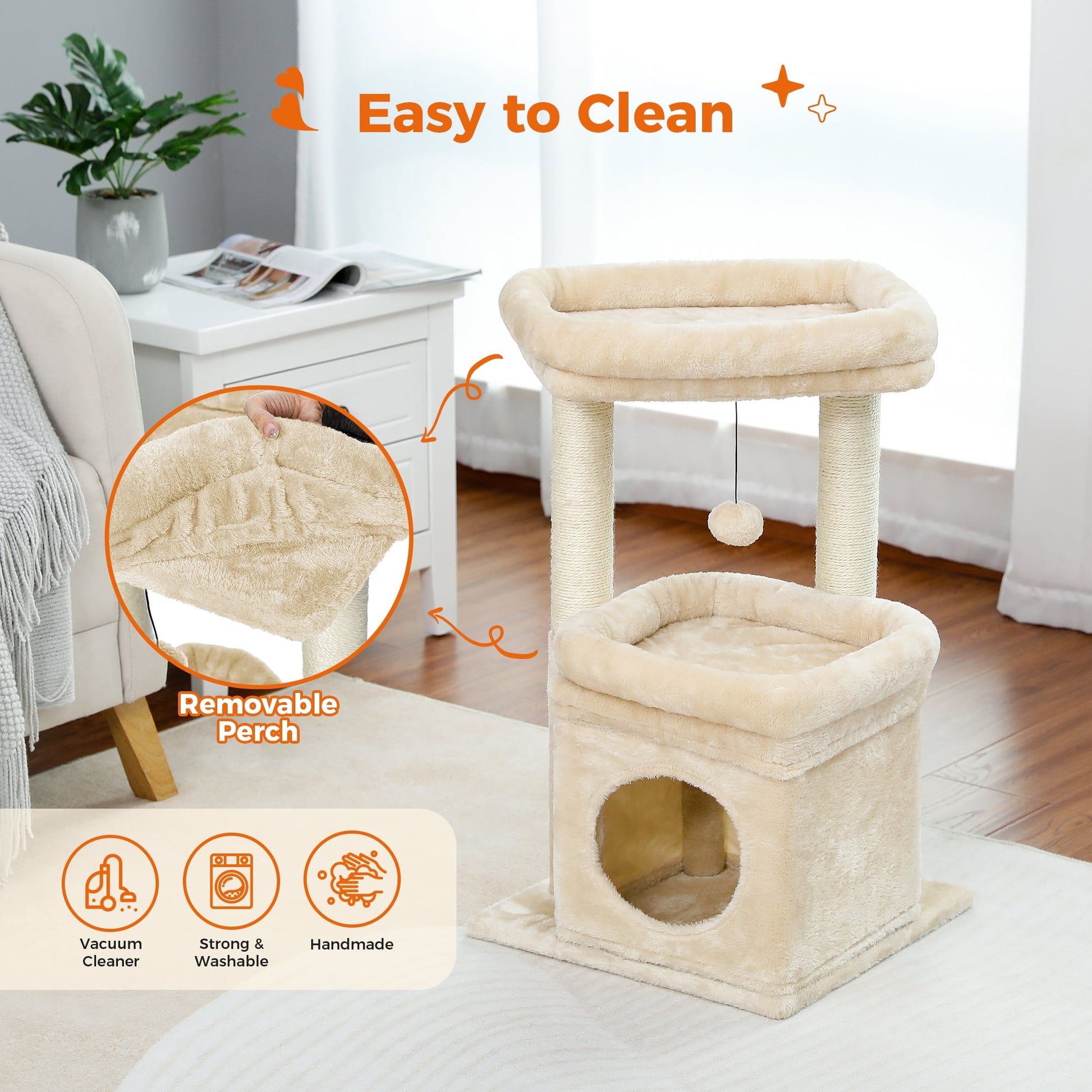 Cozy 27" Beige Cat Tree with Plush Condo and Scratching Posts for Medium Cats