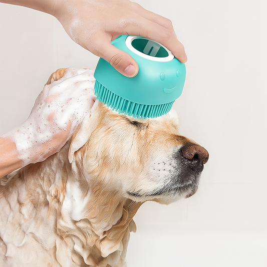Professional Dog Bathing and Massage Brush with Shampoo Dispenser - Soft Silicone and Rubber Bristle Grooming Tool for Dogs and Cats