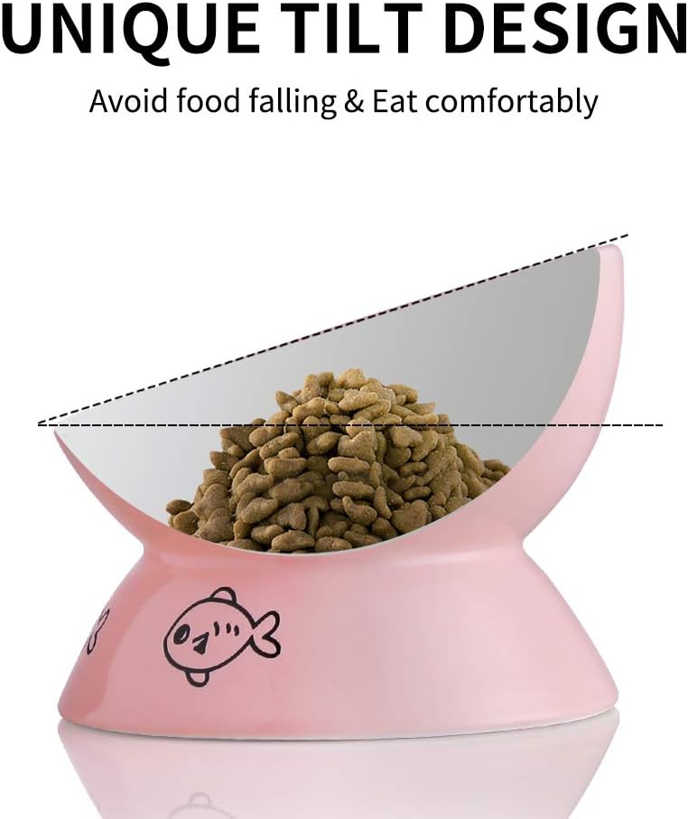 Elevated Ceramic Cat Bowls - Slanted Design for Comfort & Health, Perfect for Food & Water (Pink)