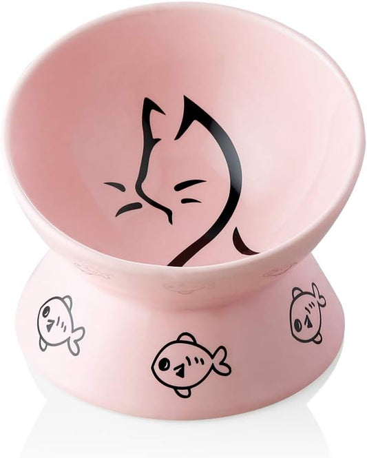 Elevated Ceramic Cat Bowls - Slanted Design for Comfort & Health, Perfect for Food & Water (Pink)