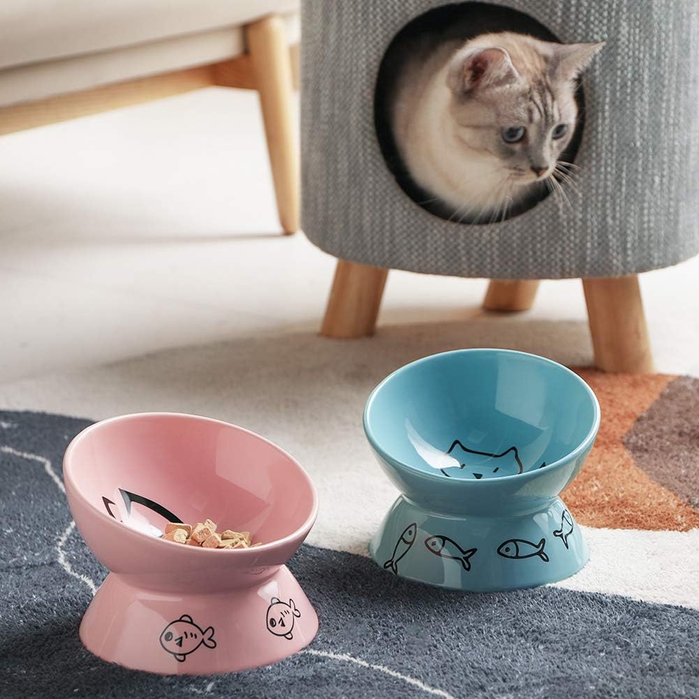 Elevated Ceramic Cat Bowls - Slanted Design for Comfort & Health, Perfect for Food & Water (Pink)