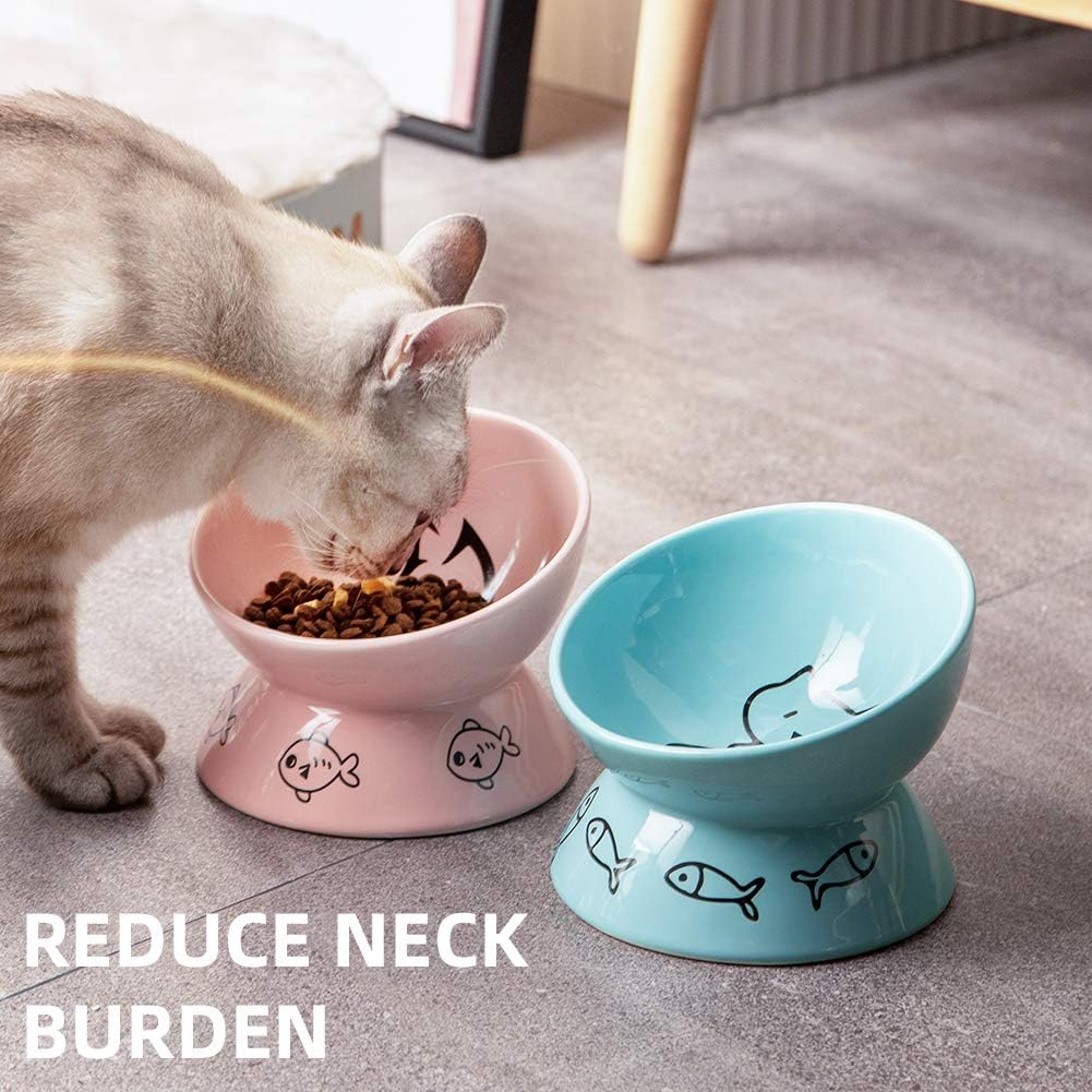 Elevated Ceramic Cat Bowls - Slanted Design for Comfort & Health, Perfect for Food & Water (Pink)