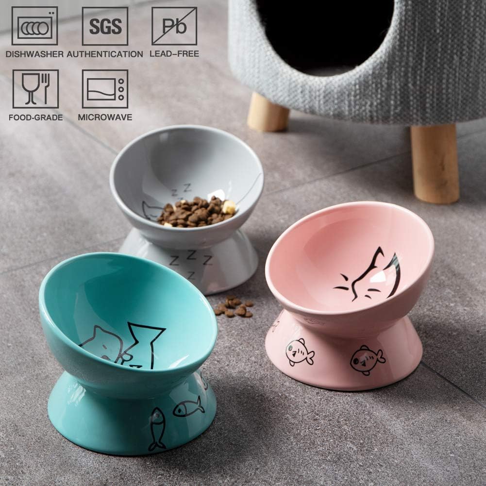 Elevated Ceramic Cat Bowls - Slanted Design for Comfort & Health, Perfect for Food & Water (Pink)