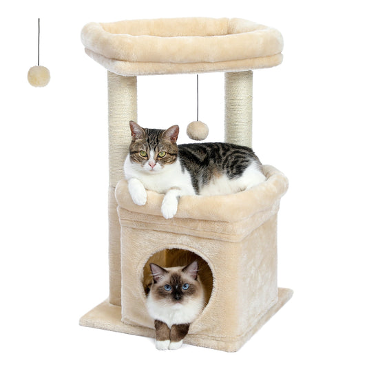 Cozy 27" Beige Cat Tree with Plush Condo and Scratching Posts for Medium Cats