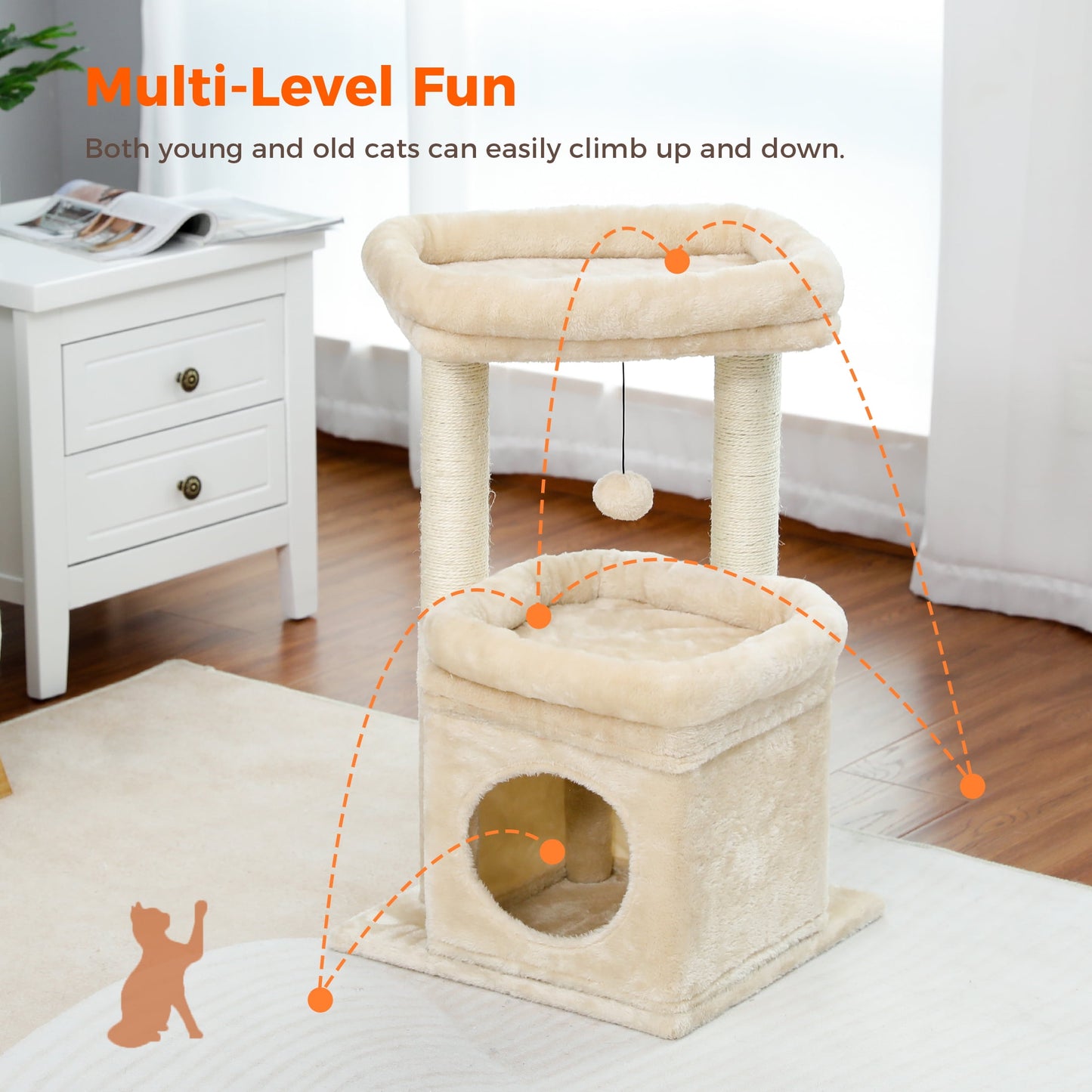 Cozy 27" Beige Cat Tree with Plush Condo and Scratching Posts for Medium Cats