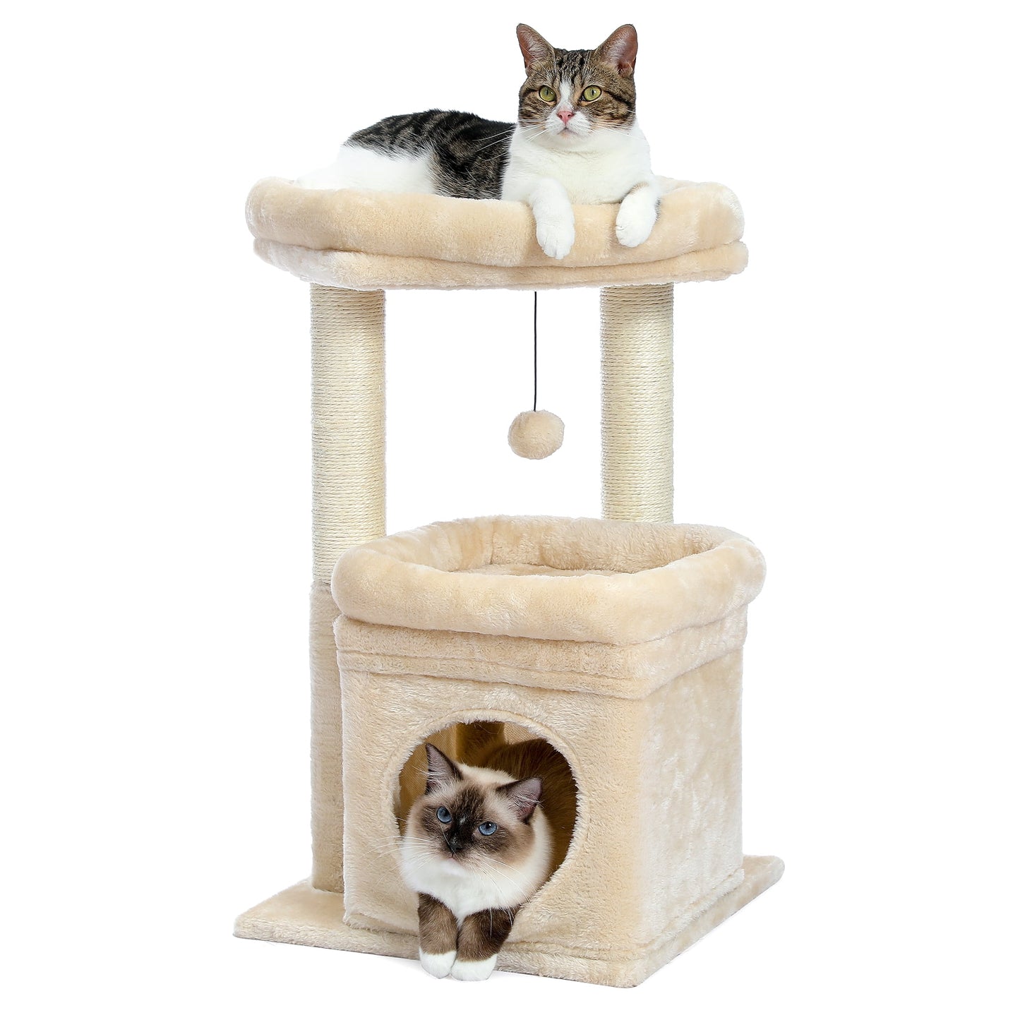 Cozy 27" Beige Cat Tree with Plush Condo and Scratching Posts for Medium Cats