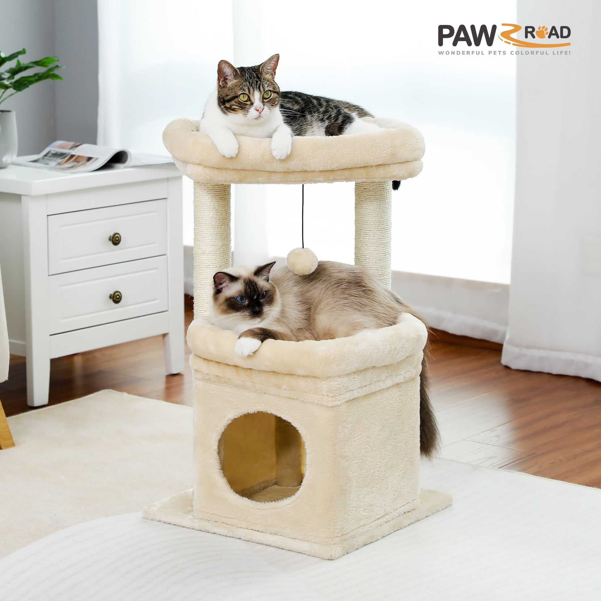Cozy 27" Beige Cat Tree with Plush Condo and Scratching Posts for Medium Cats